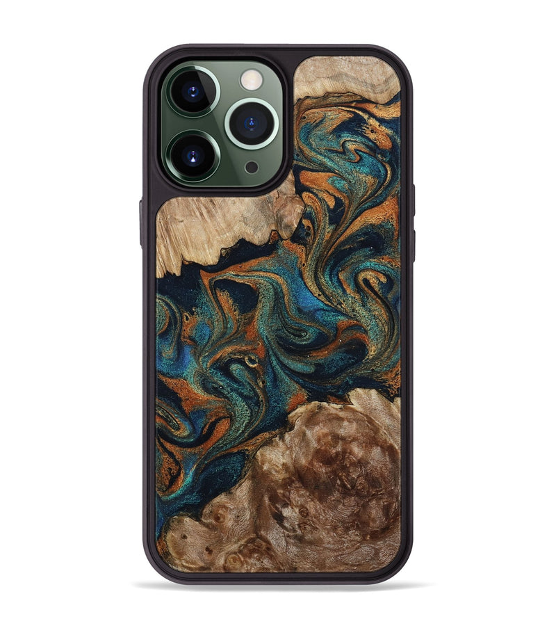 iPhone 13 Pro Max Wood Phone Case - Kya (Teal & Gold, 800055)