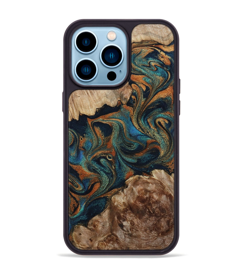 iPhone 14 Pro Max Wood Phone Case - Kya (Teal & Gold, 800055)