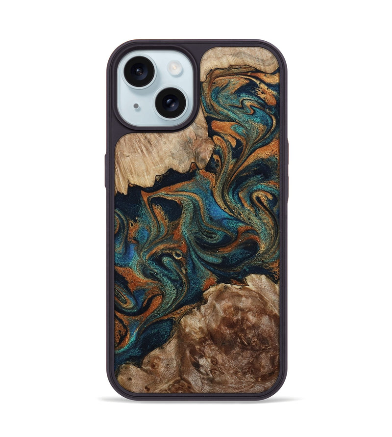 iPhone 15 Wood Phone Case - Kya (Teal & Gold, 800055)
