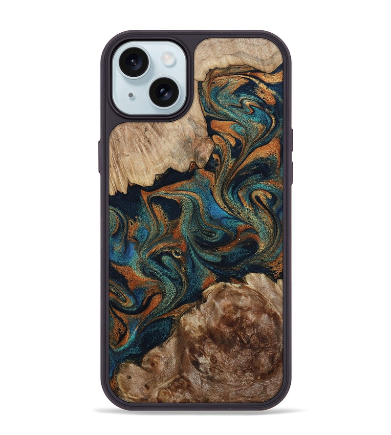 iPhone 15 Plus Wood Phone Case - Kya (Teal & Gold, 800055)