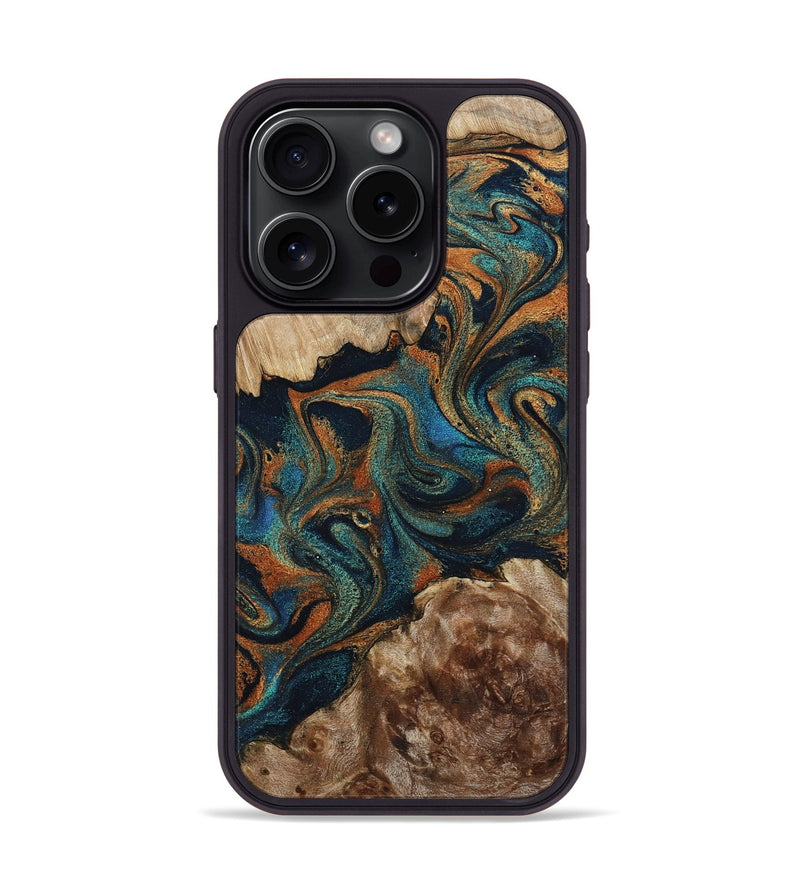 iPhone 15 Pro Wood Phone Case - Kya (Teal & Gold, 800055)