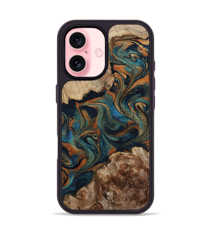 iPhone 16 Wood Phone Case - Kya (Teal & Gold, 800055)