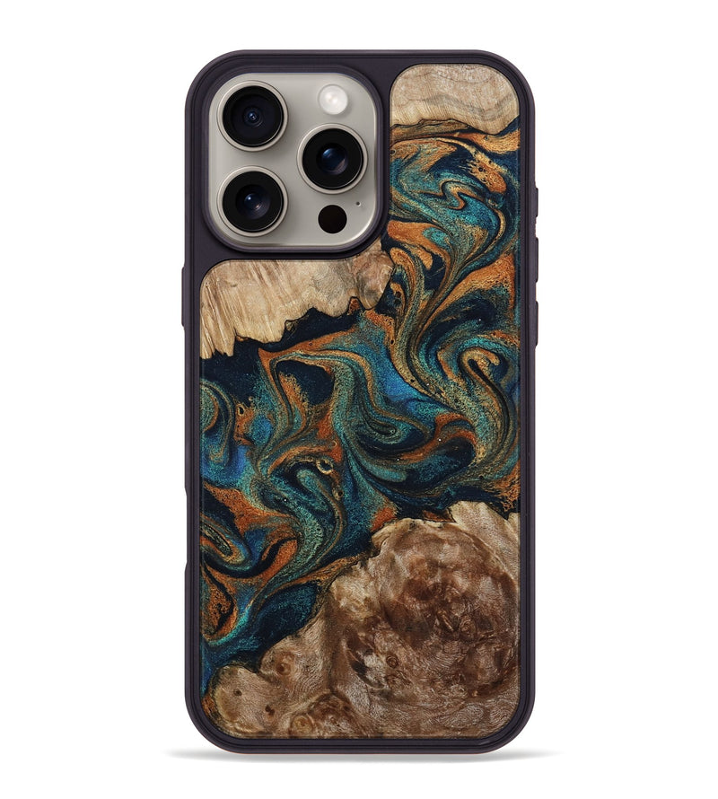 iPhone 16 Pro Max Wood Phone Case - Kya (Teal & Gold, 800055)