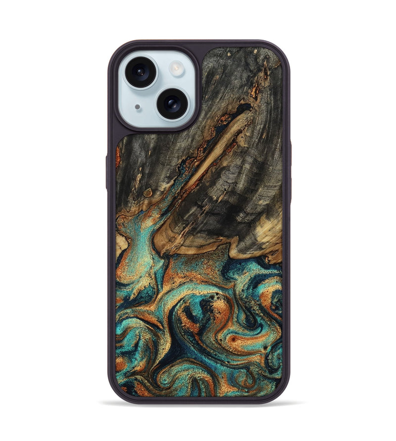iPhone 15 Wood Phone Case - Reign (Teal & Gold, 800056)