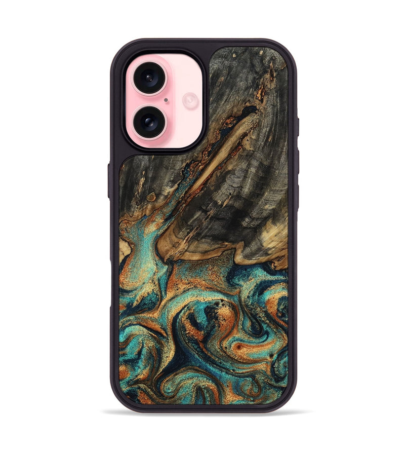 iPhone 16 Wood Phone Case - Reign (Teal & Gold, 800056)