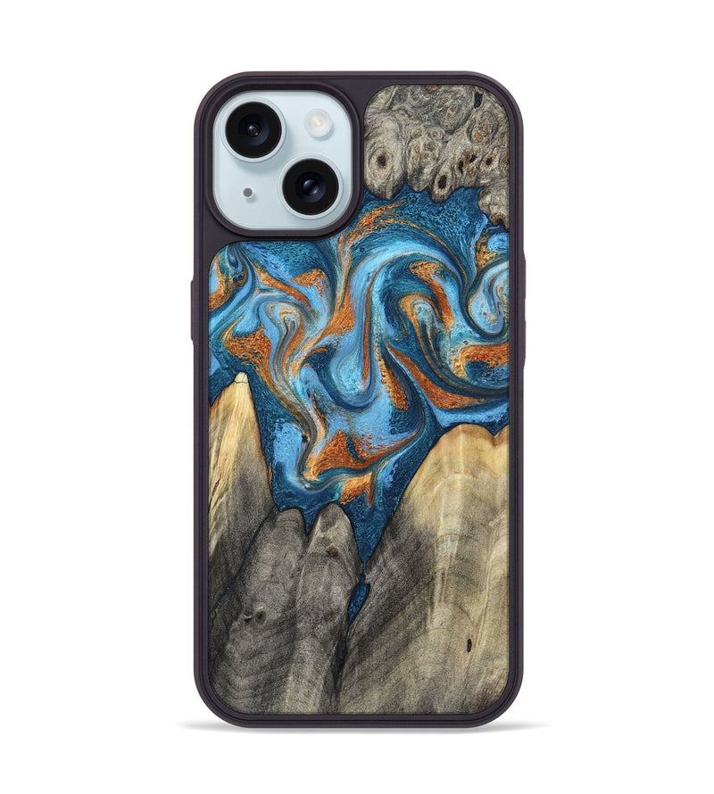 iPhone 15 Wood Phone Case - Castiel (Teal & Gold, 800057)