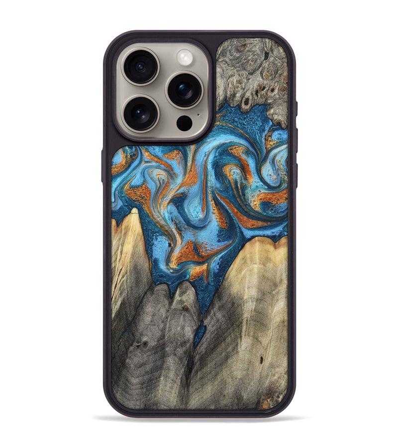 iPhone 15 Pro Max Wood Phone Case - Castiel (Teal & Gold, 800057)