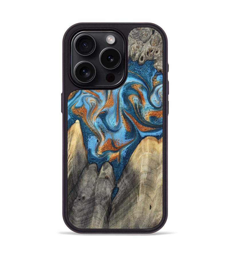 iPhone 15 Pro Wood Phone Case - Castiel (Teal & Gold, 800057)