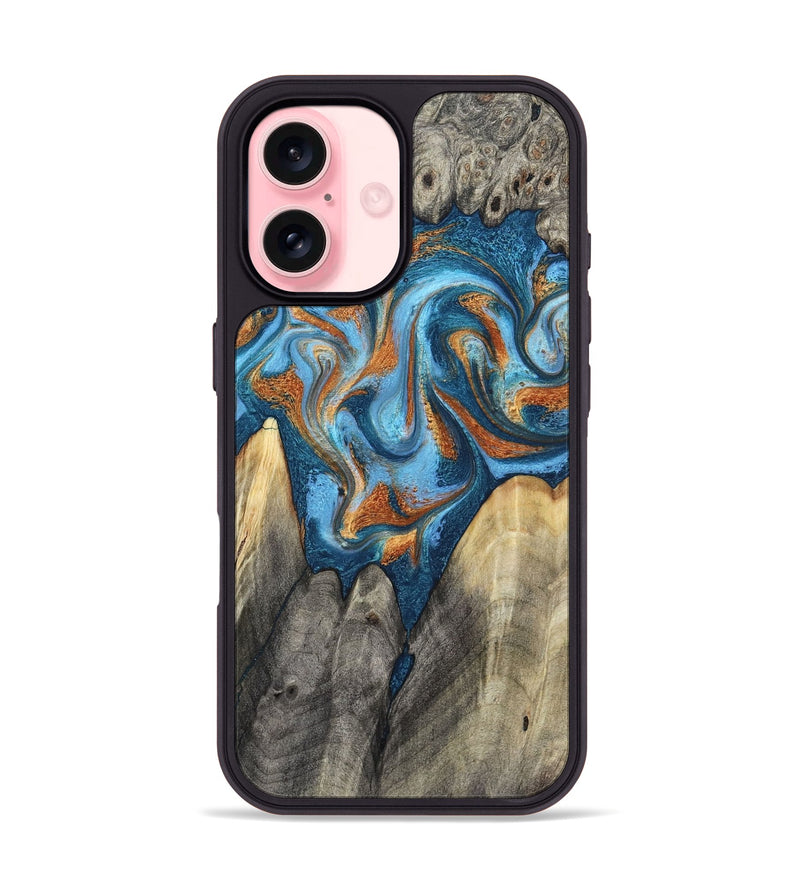 iPhone 16 Wood Phone Case - Castiel (Teal & Gold, 800057)