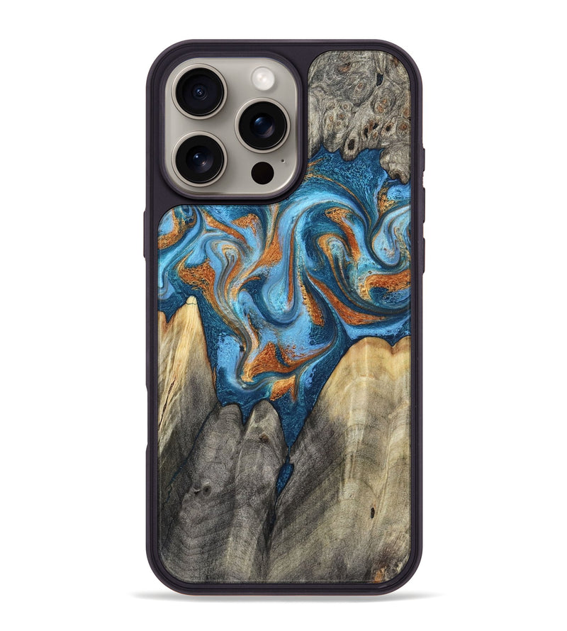 iPhone 16 Pro Max Wood Phone Case - Castiel (Teal & Gold, 800057)