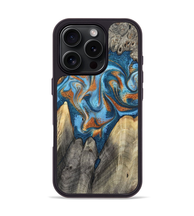 iPhone 16 Pro Wood Phone Case - Castiel (Teal & Gold, 800057)