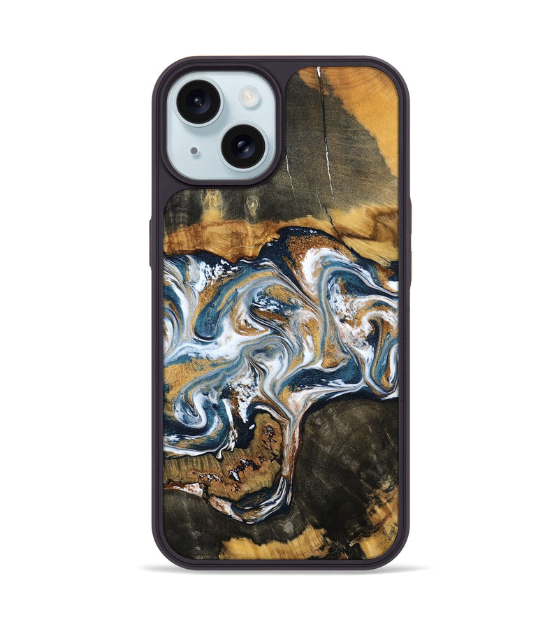 iPhone 15 Wood Phone Case - Shyla (Teal & Gold, 800058)