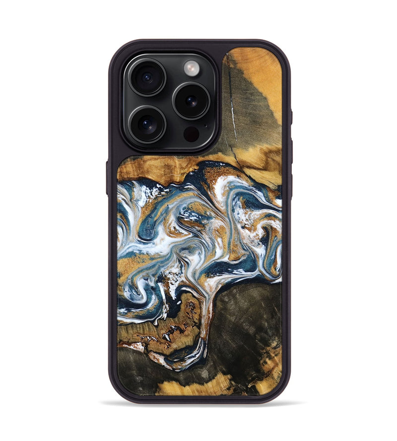 iPhone 15 Pro Wood Phone Case - Shyla (Teal & Gold, 800058)
