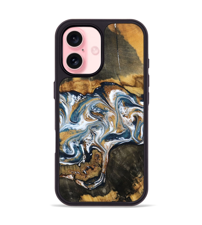 iPhone 16 Wood Phone Case - Shyla (Teal & Gold, 800058)