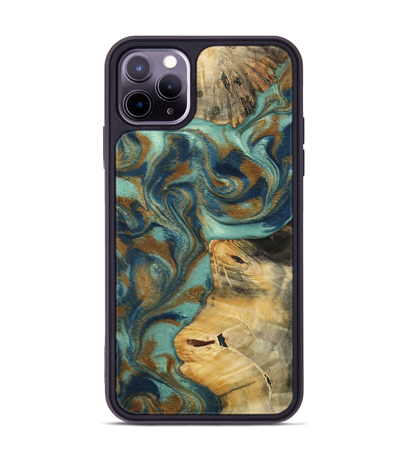 iPhone 11 Pro Max Wood Phone Case - Quincy (Teal & Gold, 800059)
