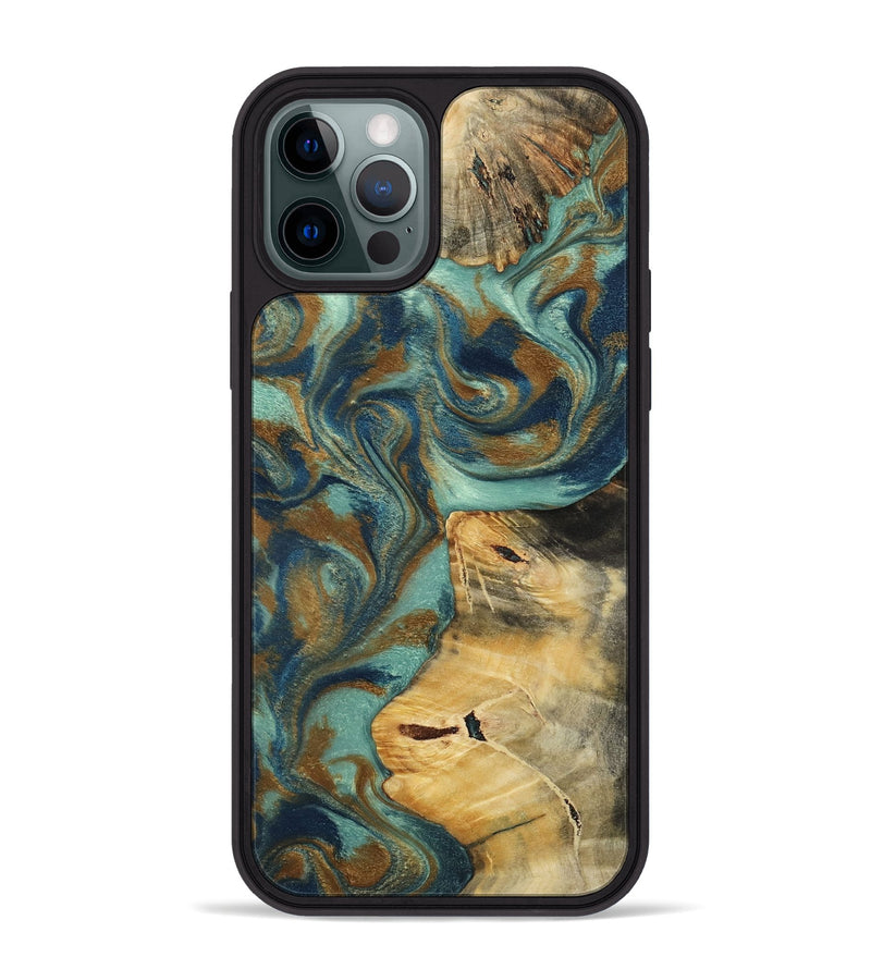 iPhone 12 Pro Max Wood Phone Case - Quincy (Teal & Gold, 800059)