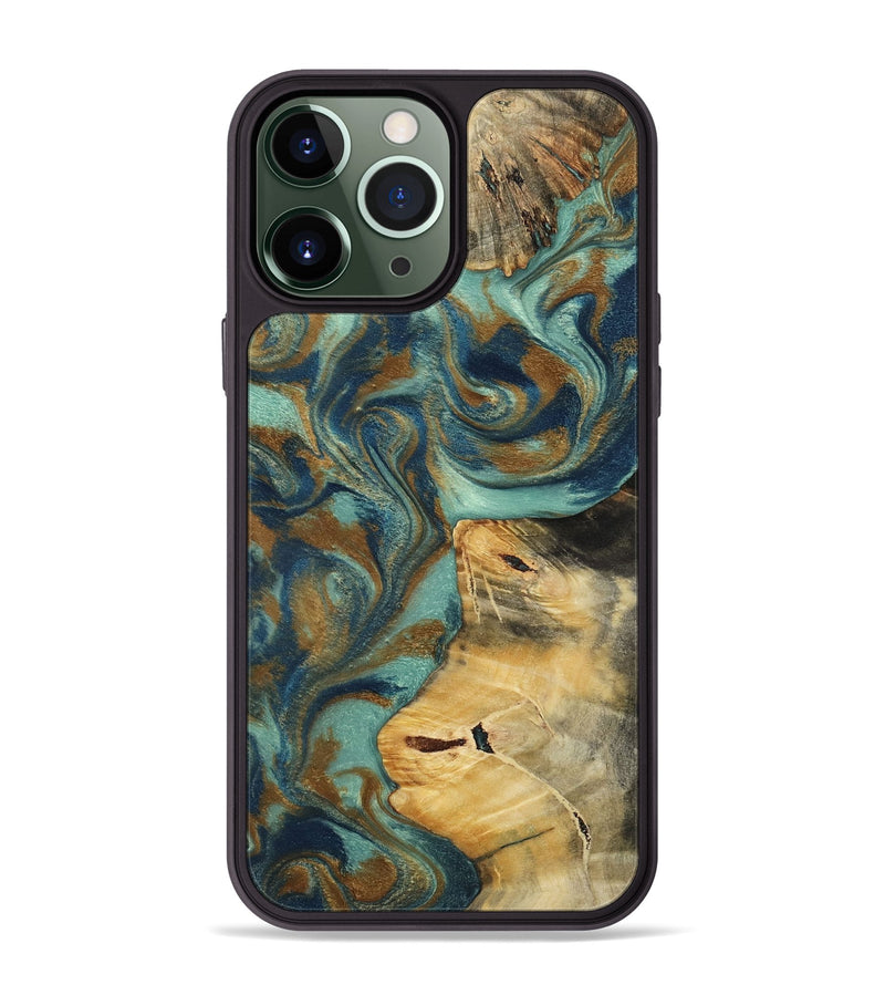 iPhone 13 Pro Max Wood Phone Case - Quincy (Teal & Gold, 800059)
