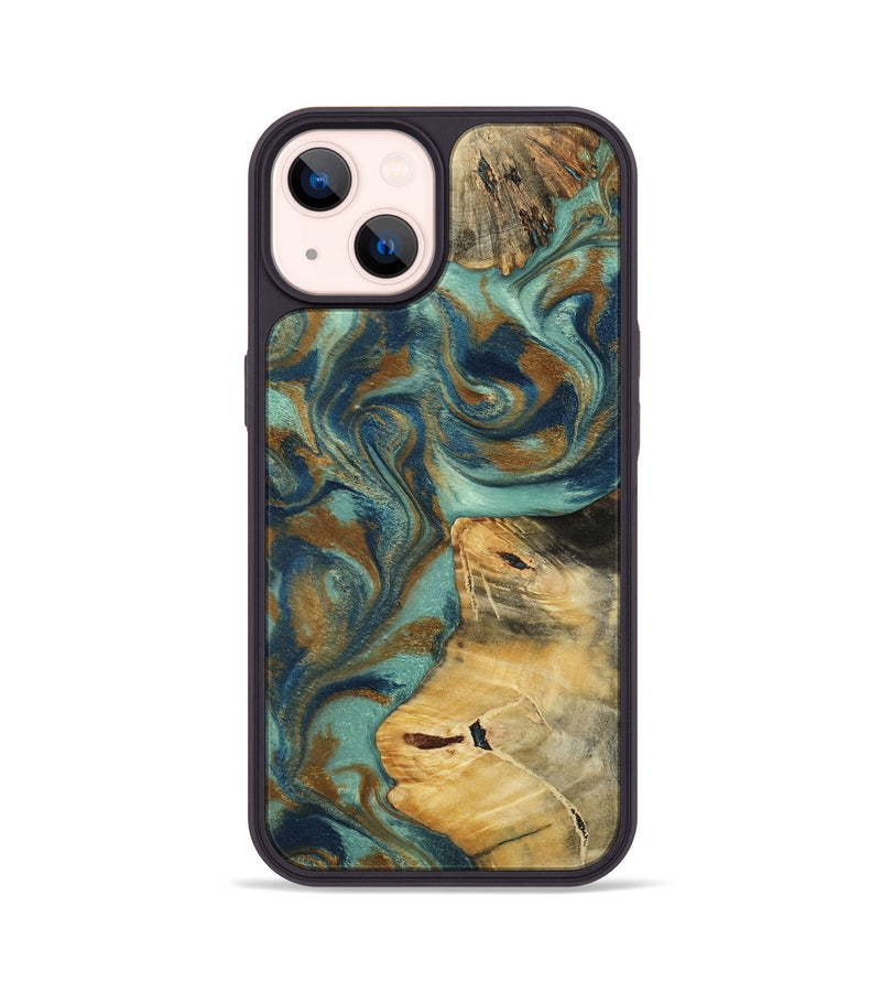 iPhone 14 Wood Phone Case - Quincy (Teal & Gold, 800059)