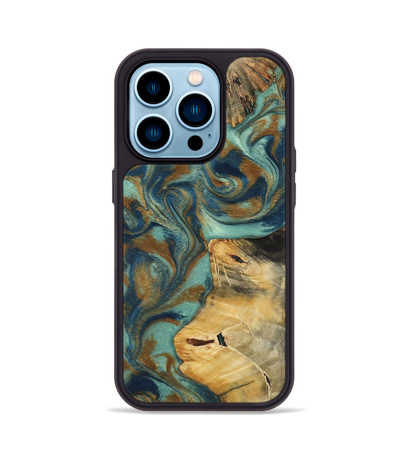 iPhone 14 Pro Wood Phone Case - Quincy (Teal & Gold, 800059)