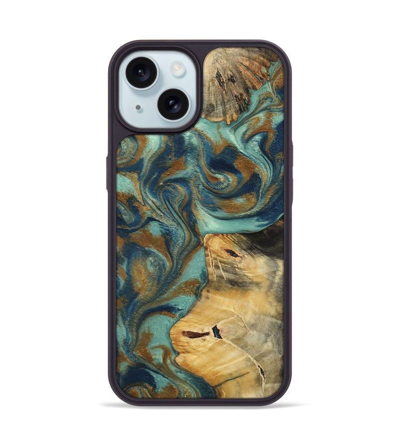 iPhone 15 Wood Phone Case - Quincy (Teal & Gold, 800059)