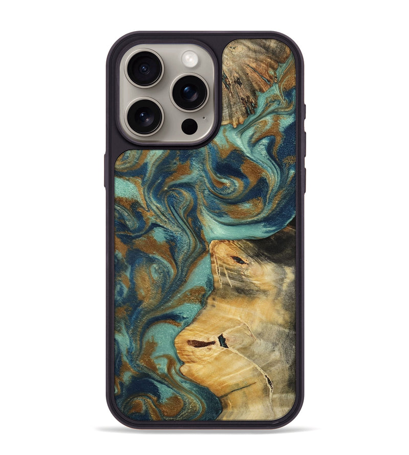iPhone 15 Pro Max Wood Phone Case - Quincy (Teal & Gold, 800059)