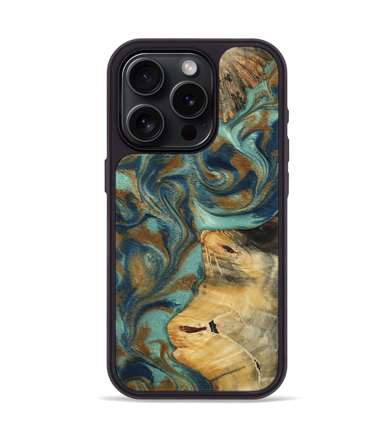 iPhone 15 Pro Wood Phone Case - Quincy (Teal & Gold, 800059)
