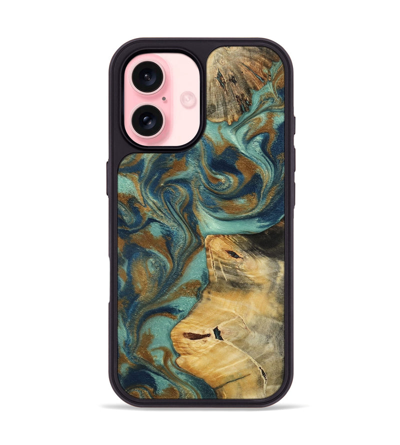 iPhone 16 Wood Phone Case - Quincy (Teal & Gold, 800059)