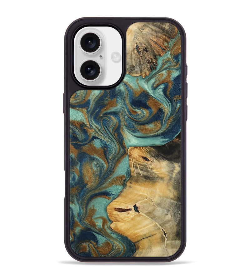 iPhone 16 Plus Wood Phone Case - Quincy (Teal & Gold, 800059)