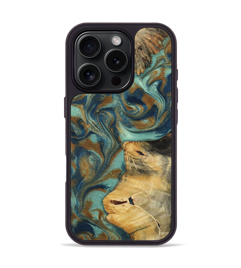iPhone 16 Pro Wood Phone Case - Quincy (Teal & Gold, 800059)