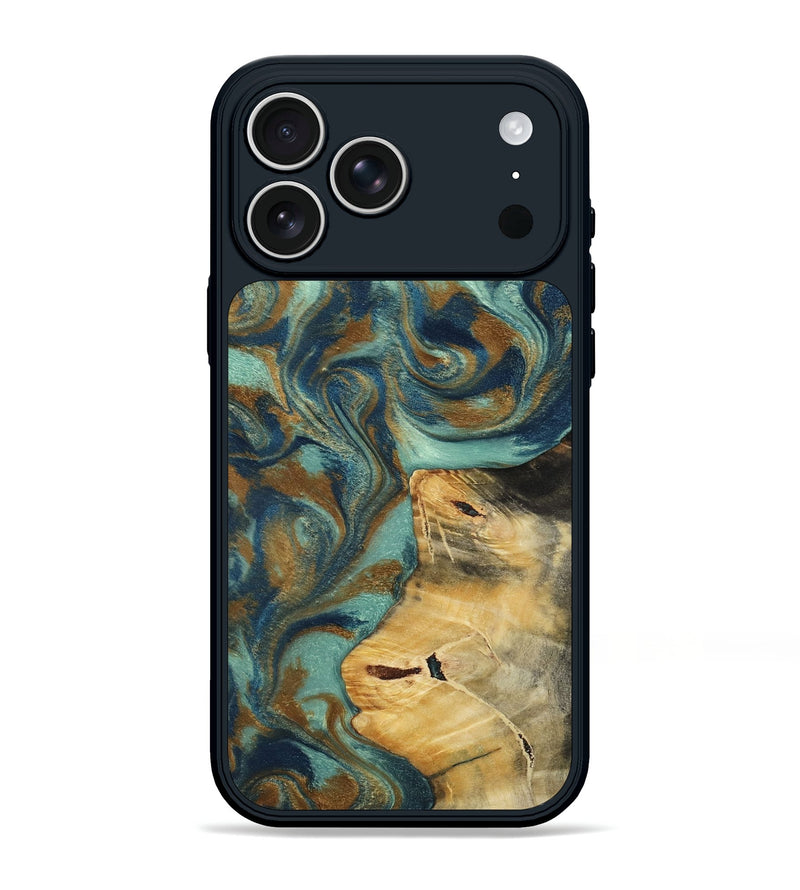 iPhone 17 Pro Max Wood Phone Case - Quincy (Teal & Gold, 800059)