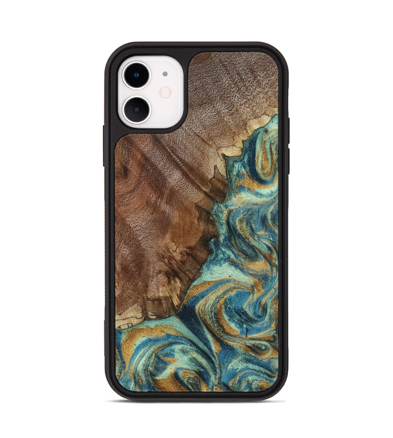 iPhone 11 Wood Phone Case - Cyrus (Teal & Gold, 800060)