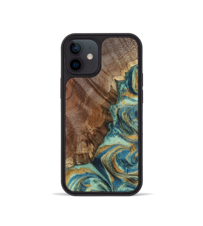 iPhone 12 mini Wood Phone Case - Cyrus (Teal & Gold, 800060)