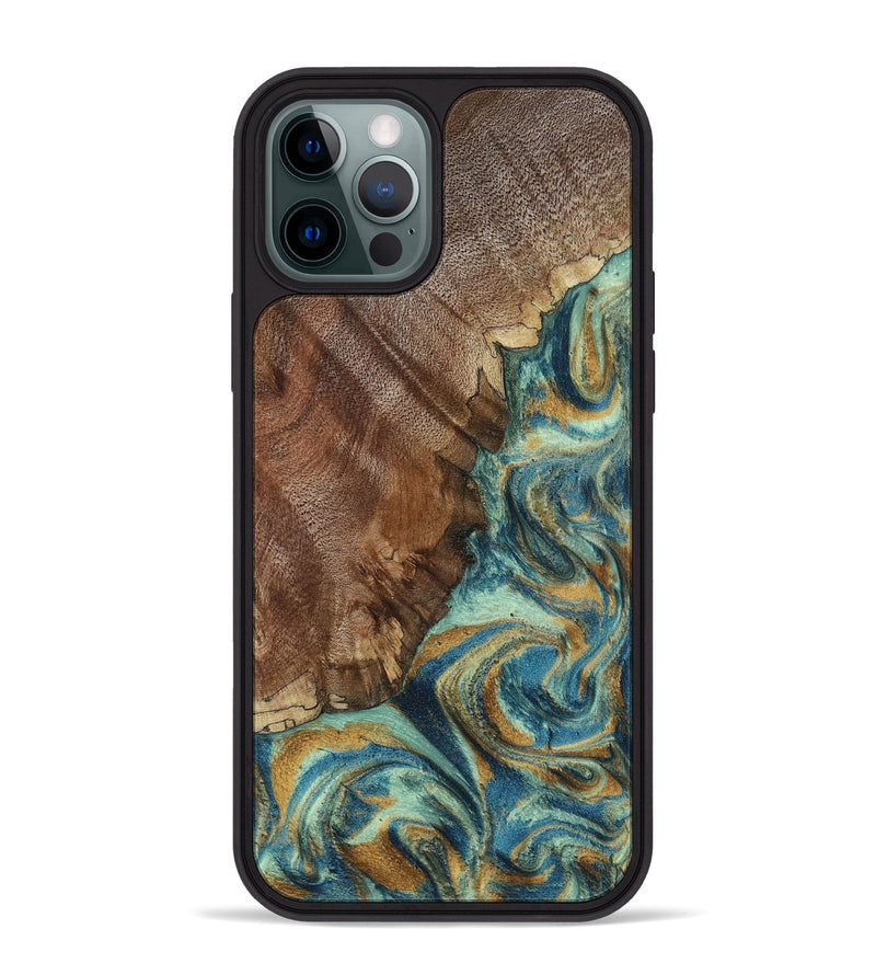iPhone 12 Pro Max Wood Phone Case - Cyrus (Teal & Gold, 800060)