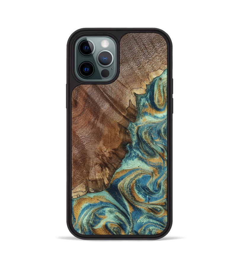iPhone 12 Pro Wood Phone Case - Cyrus (Teal & Gold, 800060)
