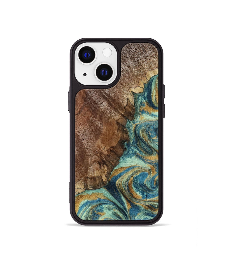 iPhone 13 mini Wood Phone Case - Cyrus (Teal & Gold, 800060)
