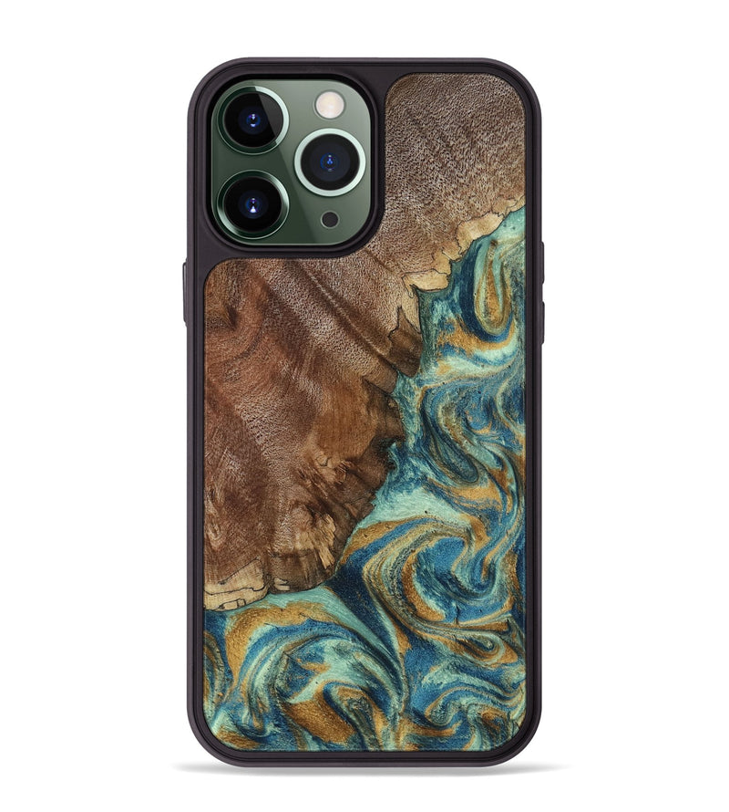 iPhone 13 Pro Max Wood Phone Case - Cyrus (Teal & Gold, 800060)