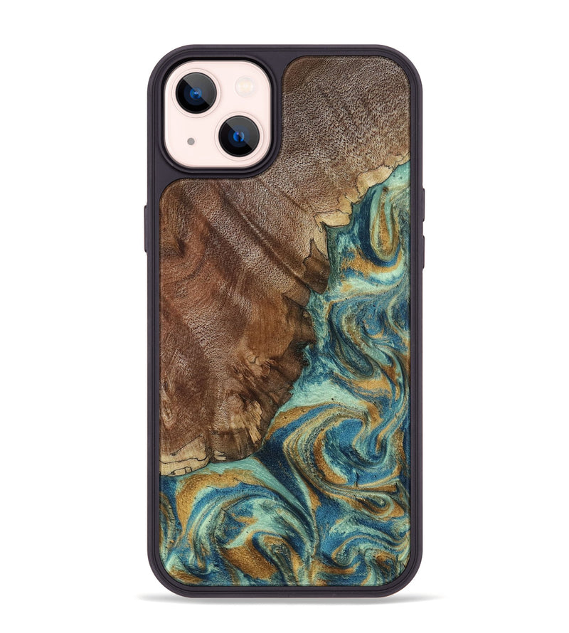 iPhone 14 Plus Wood Phone Case - Cyrus (Teal & Gold, 800060)