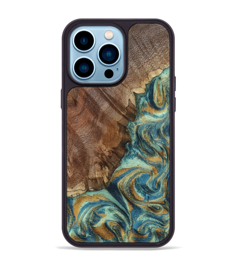 iPhone 14 Pro Max Wood Phone Case - Cyrus (Teal & Gold, 800060)