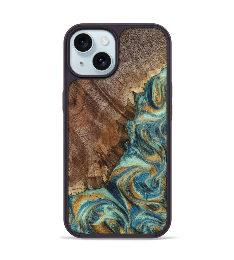 iPhone 15 Wood Phone Case - Cyrus (Teal & Gold, 800060)