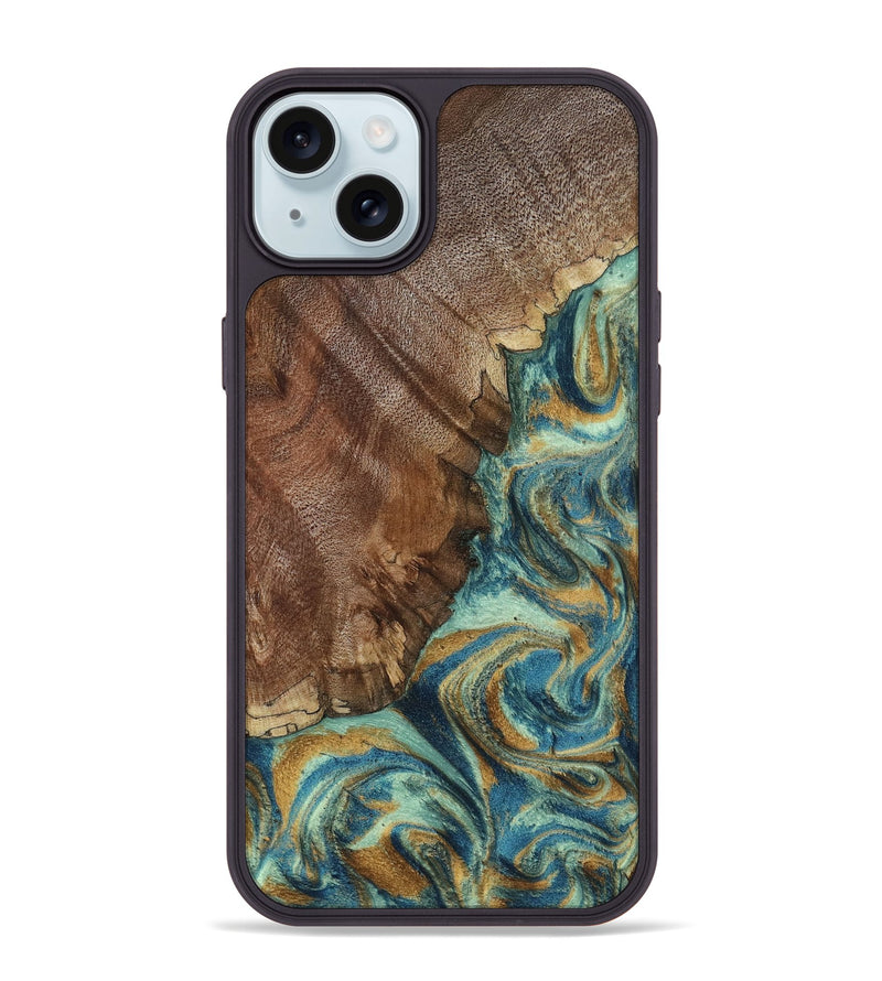 iPhone 15 Plus Wood Phone Case - Cyrus (Teal & Gold, 800060)