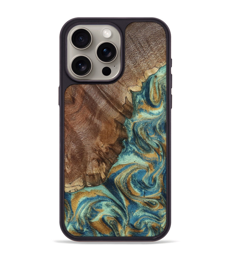 iPhone 15 Pro Max Wood Phone Case - Cyrus (Teal & Gold, 800060)