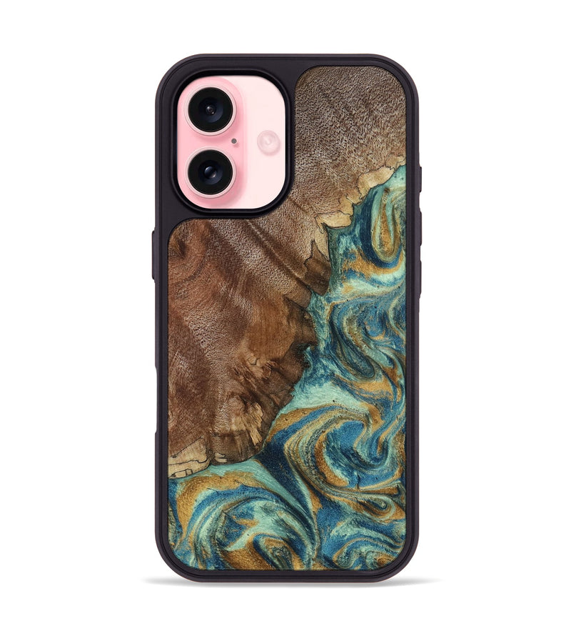 iPhone 16 Wood Phone Case - Cyrus (Teal & Gold, 800060)