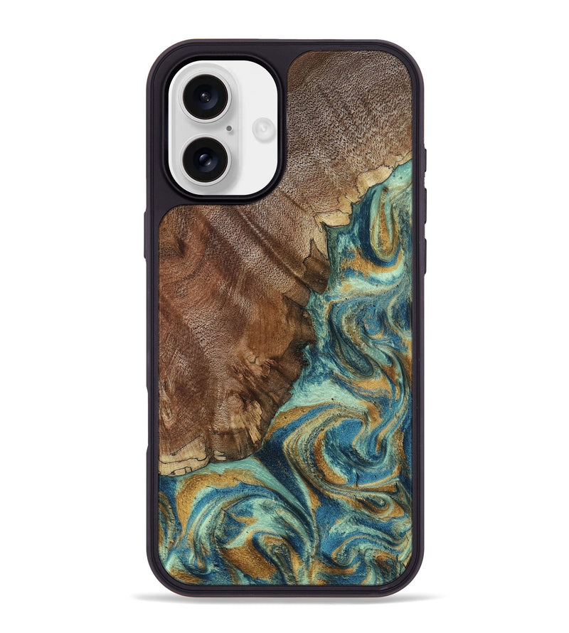 iPhone 16 Plus Wood Phone Case - Cyrus (Teal & Gold, 800060)