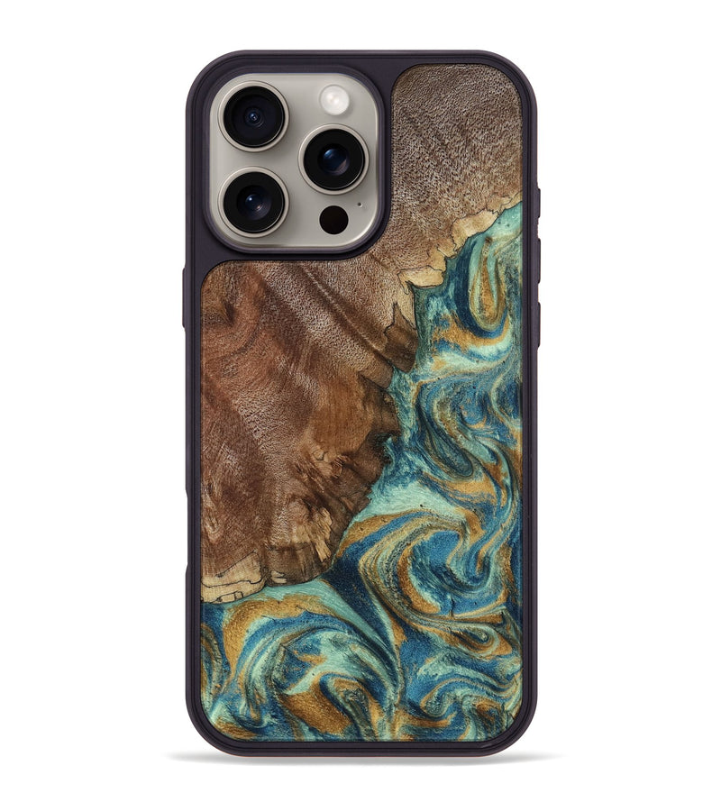 iPhone 16 Pro Max Wood Phone Case - Cyrus (Teal & Gold, 800060)