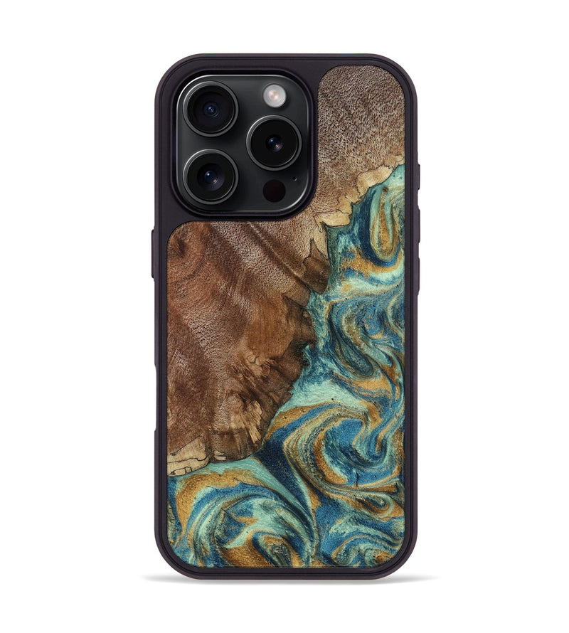 iPhone 16 Pro Wood Phone Case - Cyrus (Teal & Gold, 800060)