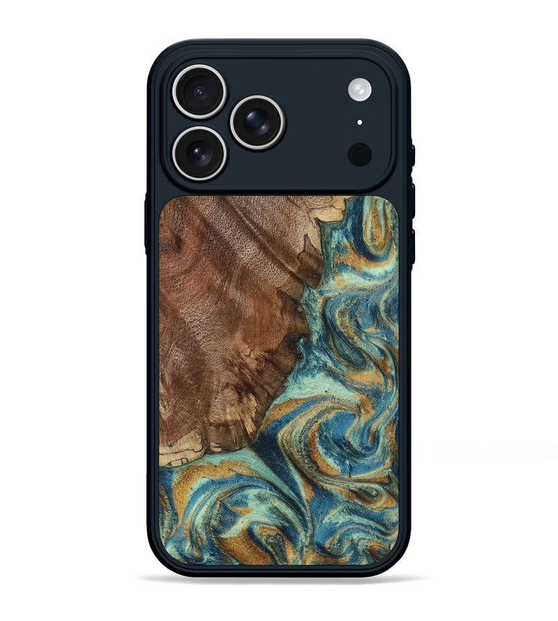 iPhone 17 Pro Max Wood Phone Case - Cyrus (Teal & Gold, 800060)