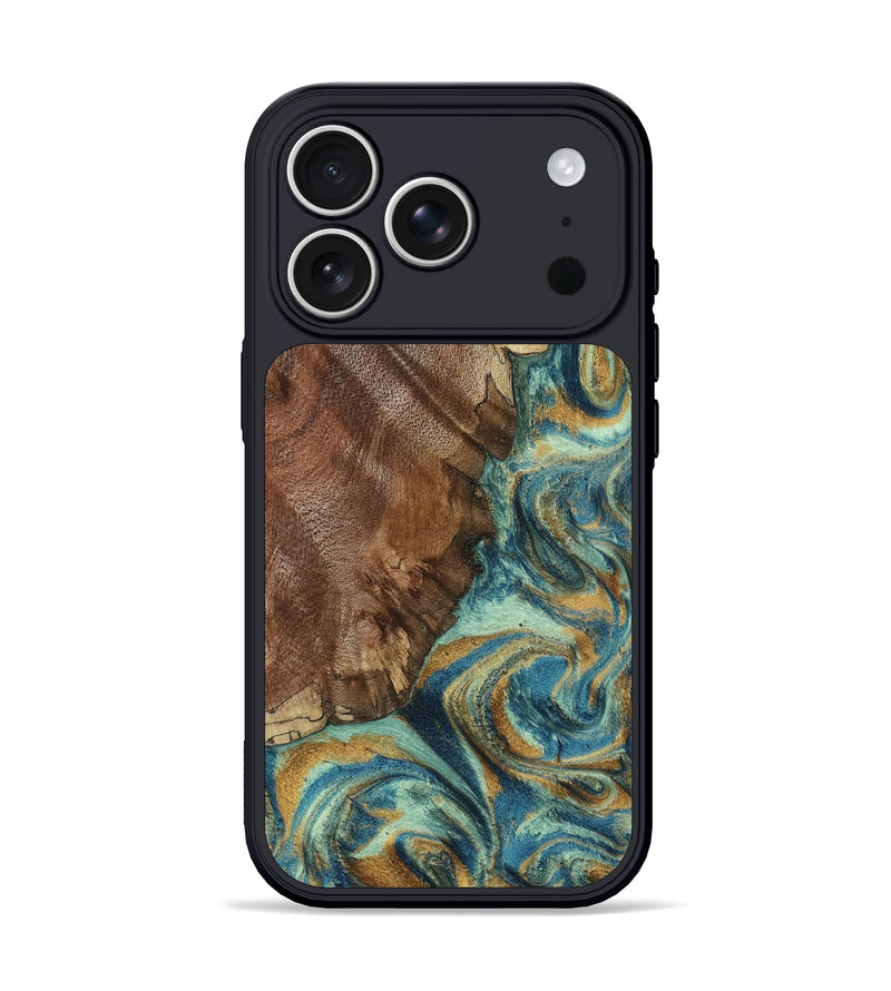 iPhone 17 Pro Wood Phone Case - Cyrus (Teal & Gold, 800060)