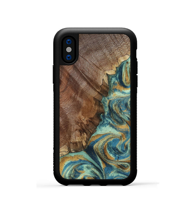 iPhone Xs Wood Phone Case - Cyrus (Teal & Gold, 800060)