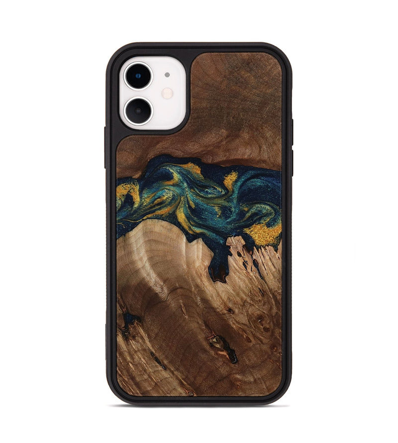 iPhone 11 Wood Phone Case - Rubye (Teal & Gold, 800061)