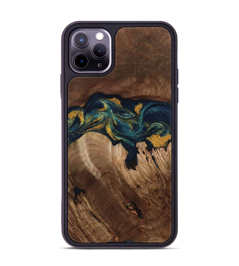 iPhone 11 Pro Max Wood Phone Case - Rubye (Teal & Gold, 800061)